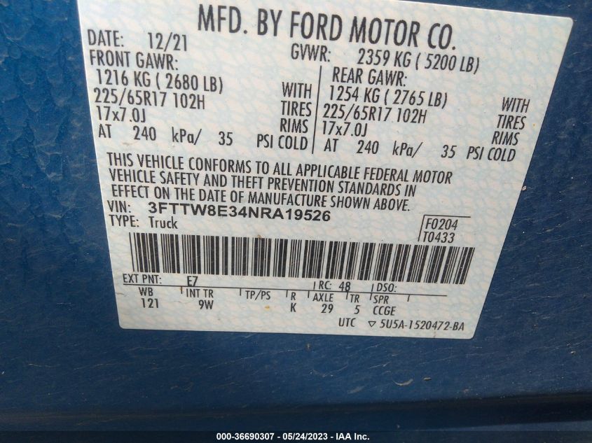 2022 FORD MAVERICK XL/XLT/LARIAT - 3FTTW8E34NRA19526