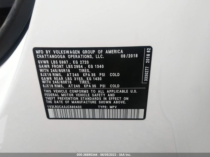 2018 VOLKSWAGEN ATLAS 3.6L V6 SE - 1V2LR2CA3JC592432