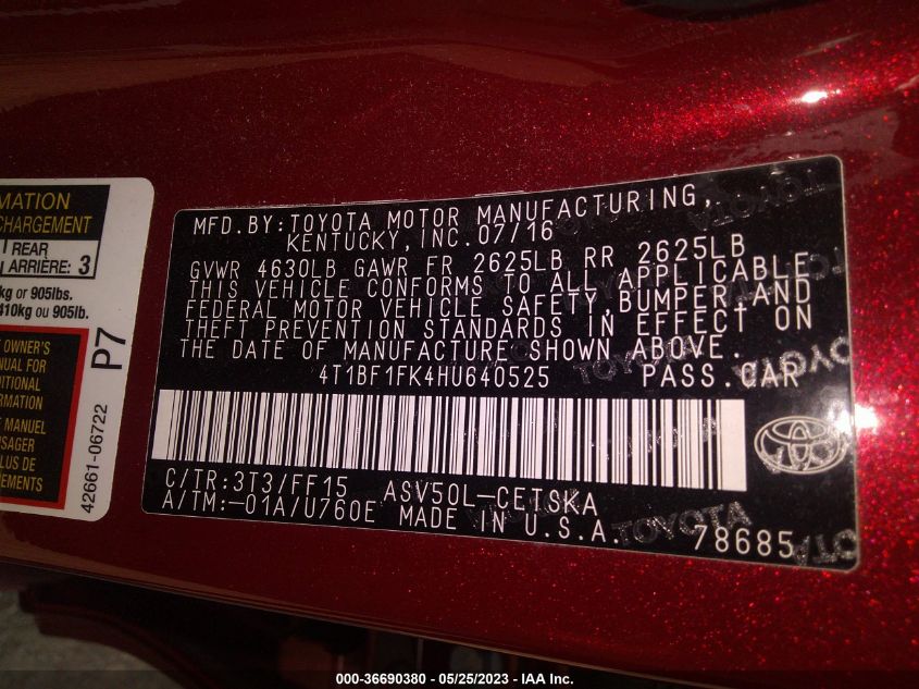 2017 TOYOTA CAMRY XLE/SE/LE/XSE - 4T1BF1FK4HU640525