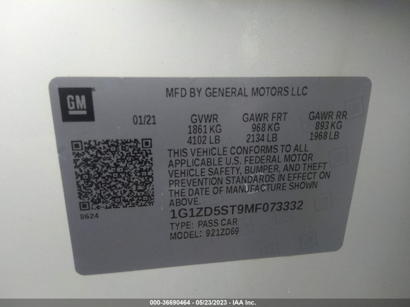 2021 CHEVROLET MALIBU LT - 1G1ZD5ST9MF073332