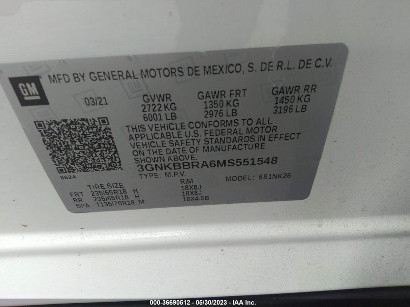 2021 CHEVROLET BLAZER LT - 3GNKBBRA6MS551548