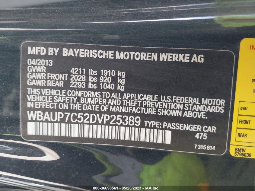 2013 BMW 1 SERIES 128I WBAUP7C52DVP25389