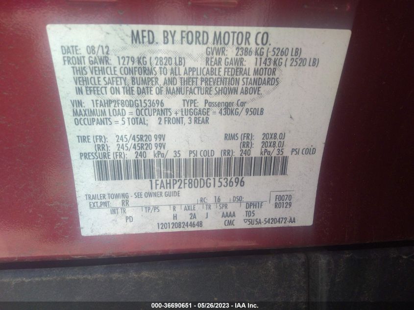 2013 FORD TAURUS LIMITED - 1FAHP2F80DG153696