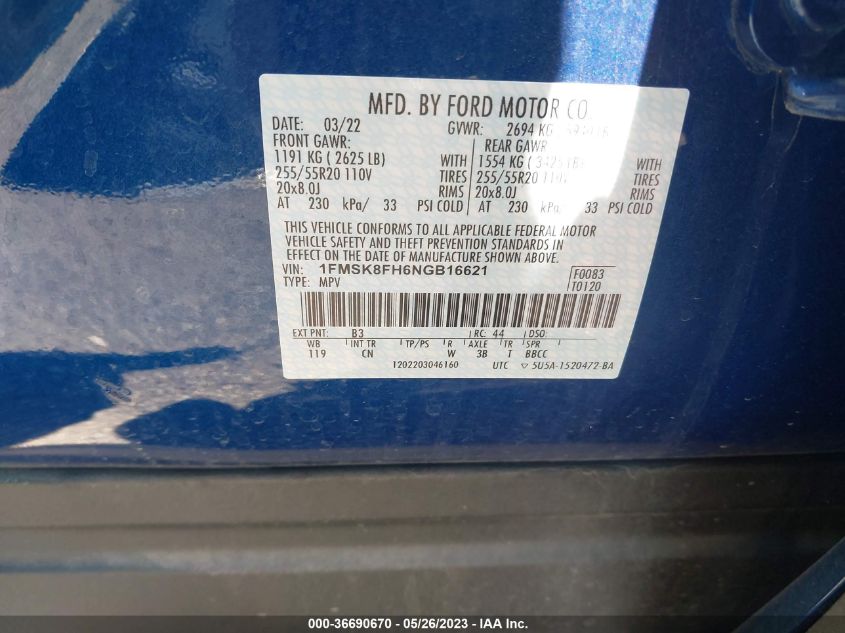 2022 FORD EXPLORER LIMITED - 1FMSK8FH6NGB16621