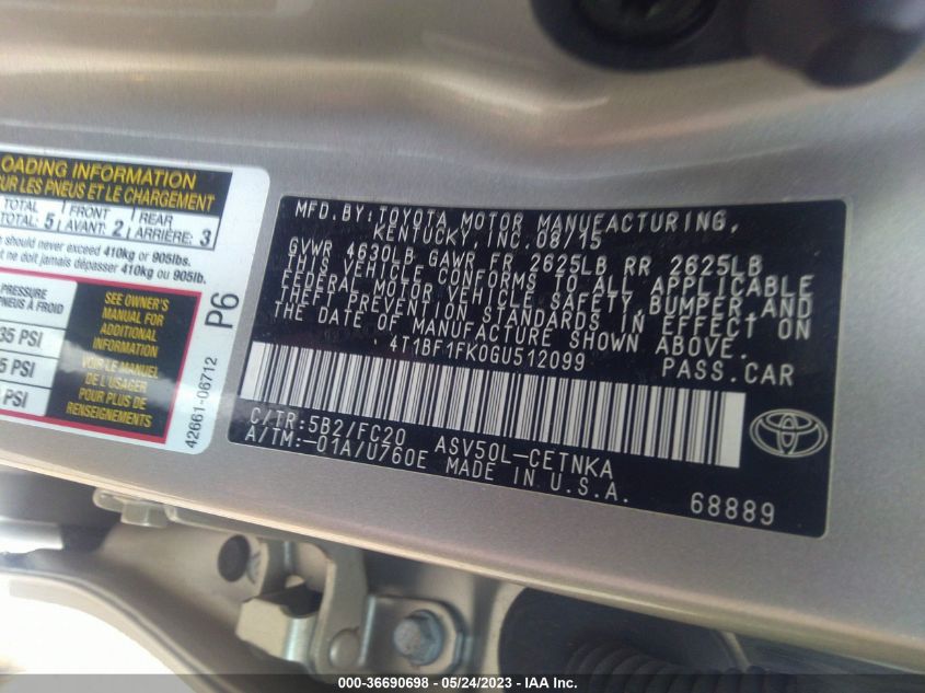 2016 TOYOTA CAMRY XLE/SE/LE/XSE - 4T1BF1FK0GU512099