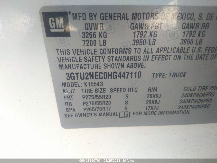 2017 GMC SIERRA 1500 SLT - 3GTU2NEC0HG447110