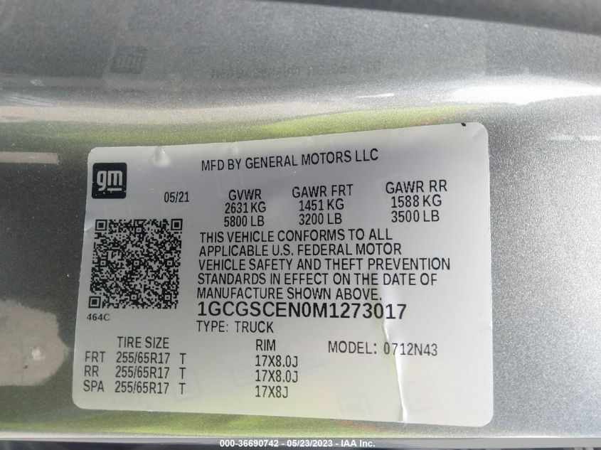 2021 CHEVROLET COLORADO 2WD LT - 1GCGSCEN0M1273017