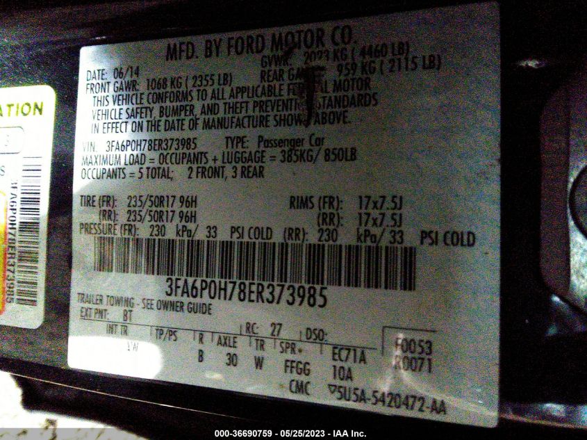 2014 FORD FUSION SE - 3FA6P0H78ER373985