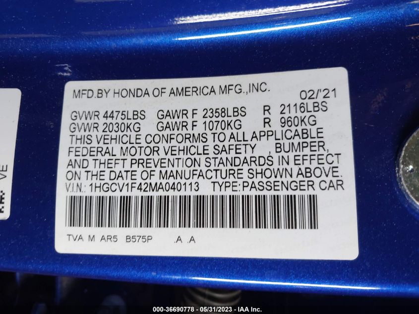 2021 HONDA ACCORD SEDAN SPORT SE - 1HGCV1F42MA040113