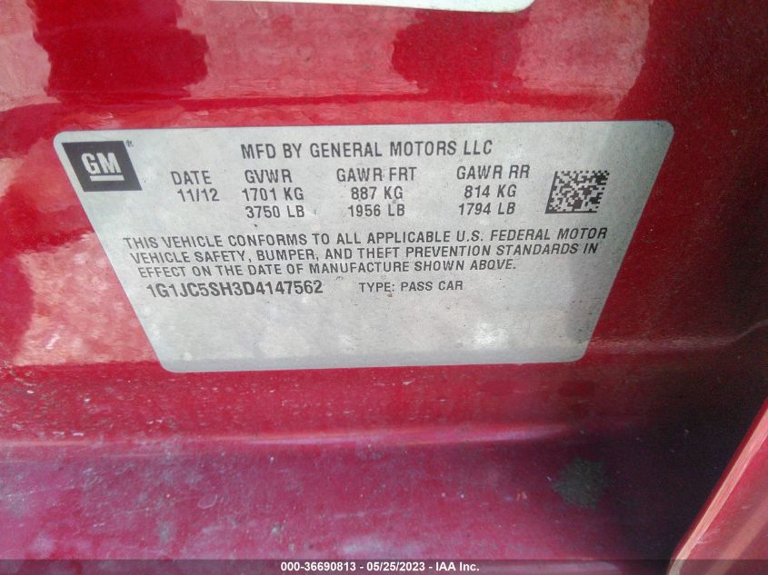 2013 CHEVROLET SONIC LT - 1G1JC5SH3D4147562