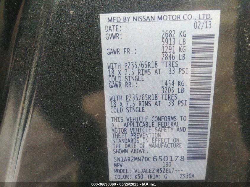2013 NISSAN PATHFINDER SV - 5N1AR2MN7DC650178