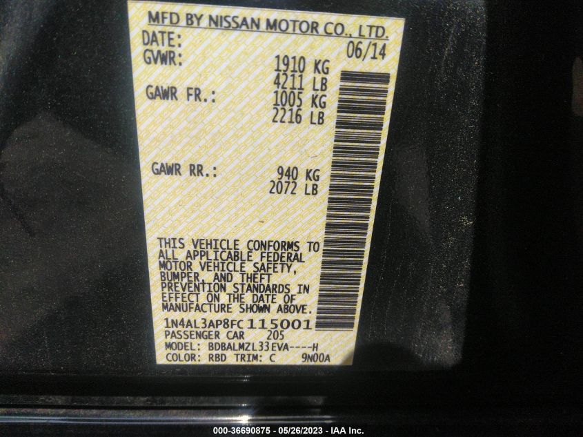 2015 NISSAN ALTIMA 2.5 SV - 1N4AL3AP8FC115001