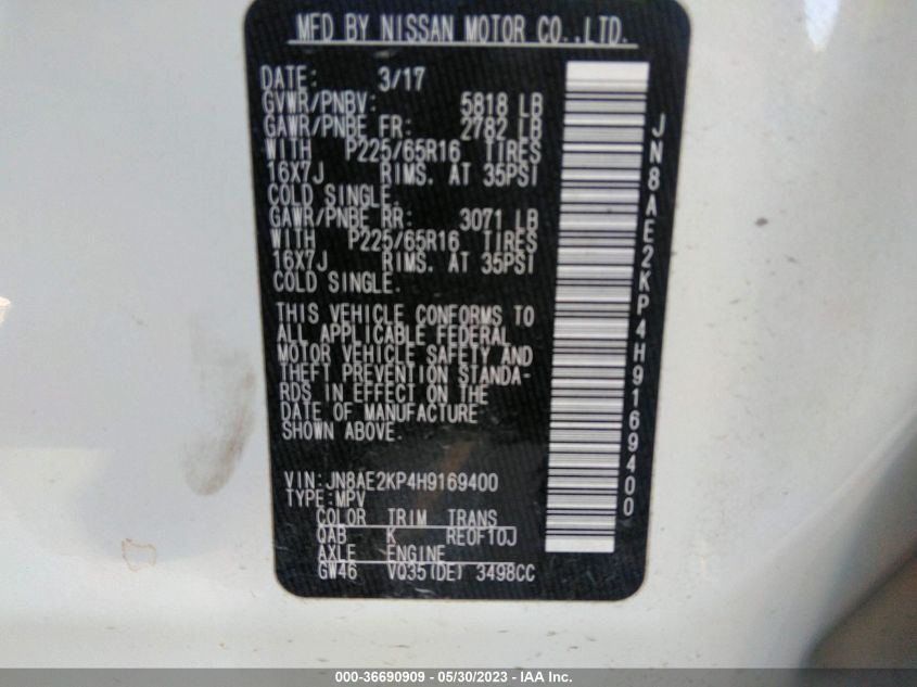 2017 NISSAN QUEST SV - JN8AE2KP4H9169400