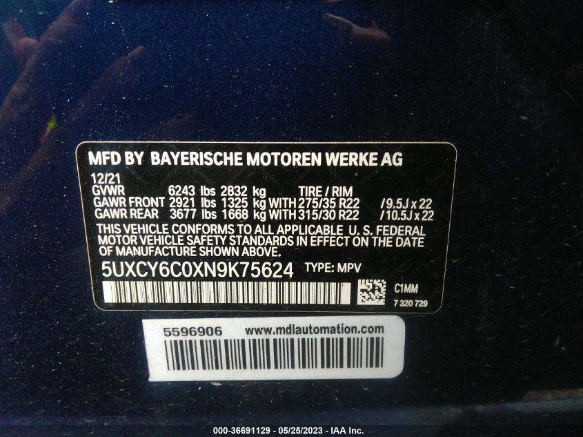 5UXCY6C0XN9K75624 2022 BMW X6, photo no. 9