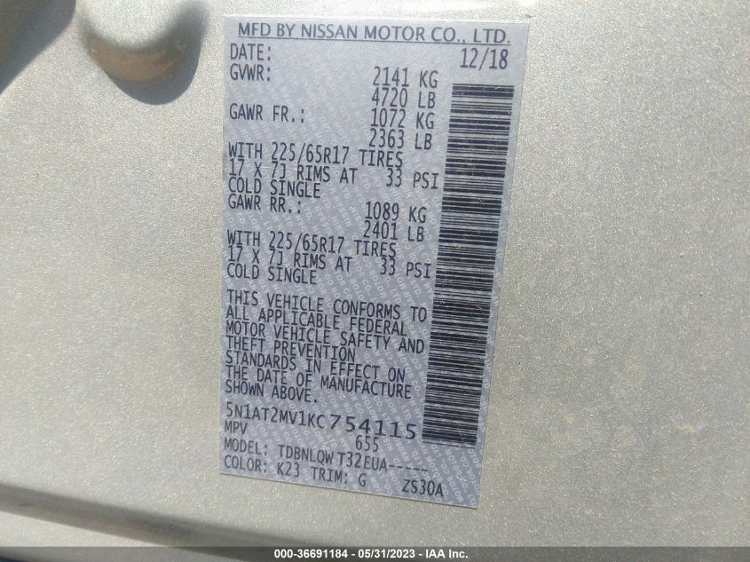 2019 NISSAN ROGUE SV - 5N1AT2MV1KC754115