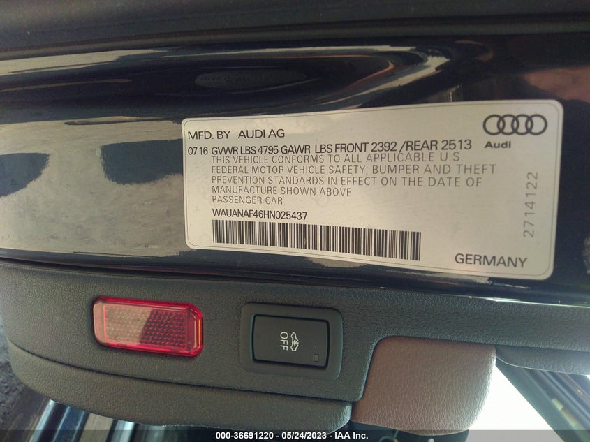 VIN WAUANAF46HN025437 2017 AUDI A4 PREMIUM