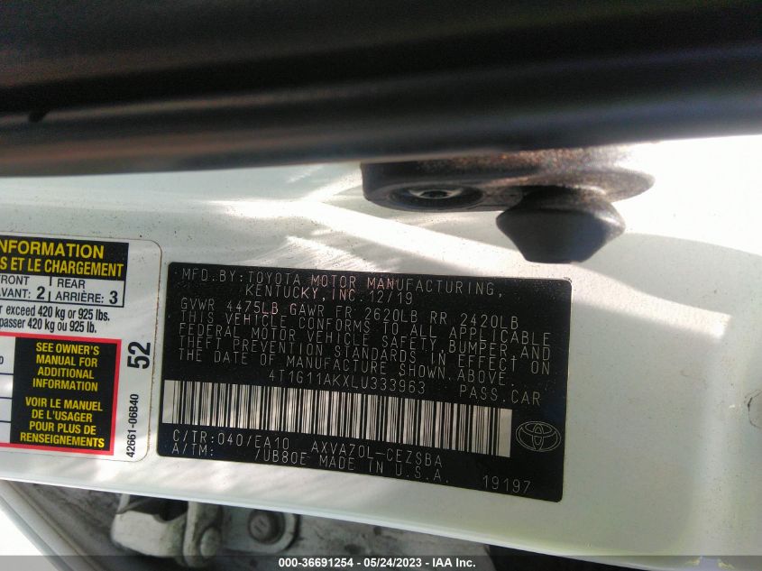 2020 TOYOTA CAMRY SE - 4T1G11AKXLU333963
