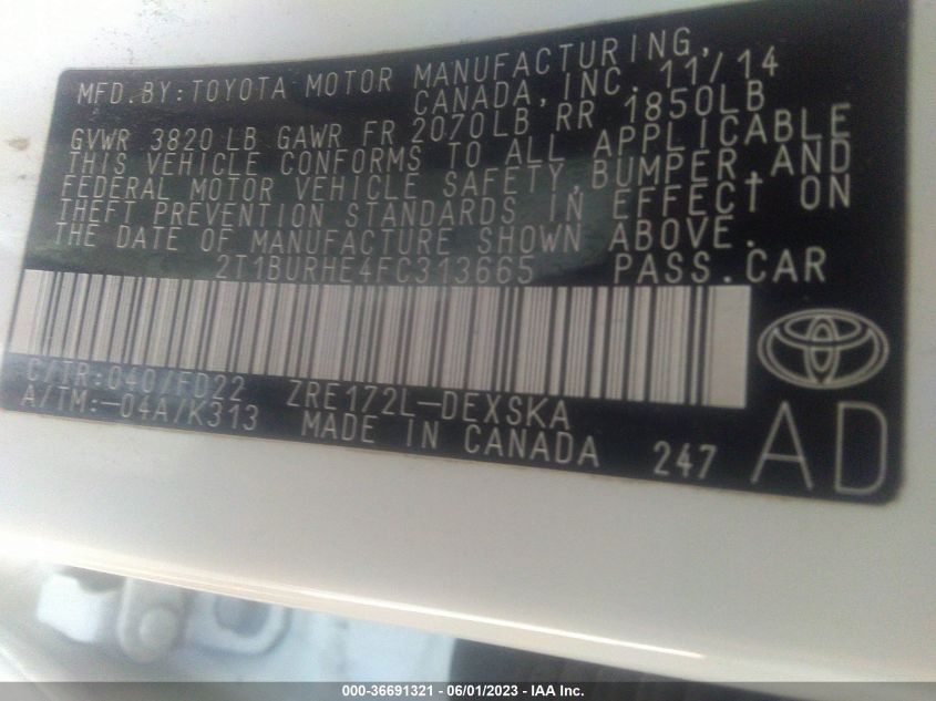 2015 TOYOTA COROLLA L/LE/S/S PLUS/LE PLUS - 2T1BURHE4FC313665