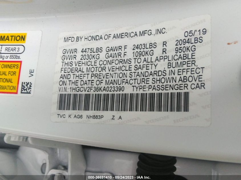 2019 HONDA ACCORD SEDAN SPORT 2.0T - 1HGCV2F36KA023390