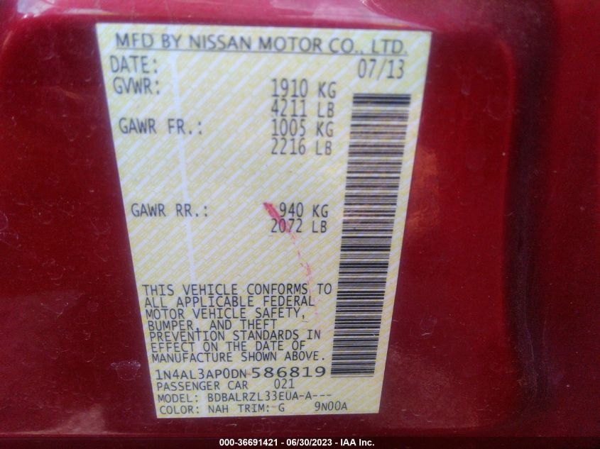2013 NISSAN ALTIMA 2.5 S - 1N4AL3AP0DN586819
