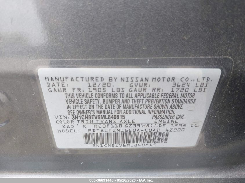 3N1CN8EV6ML840815 Nissan Versa SV 9