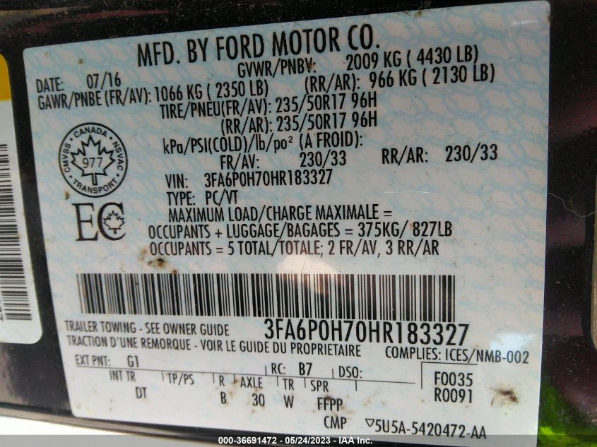 2017 FORD FUSION SE - 3FA6P0H70HR183327