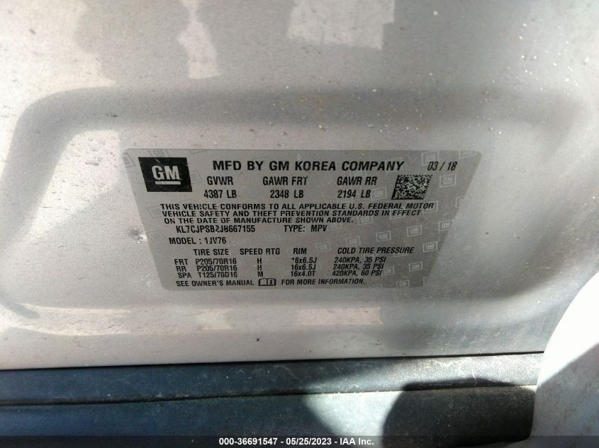 2018 CHEVROLET TRAX LT - KL7CJPSB2JB667155