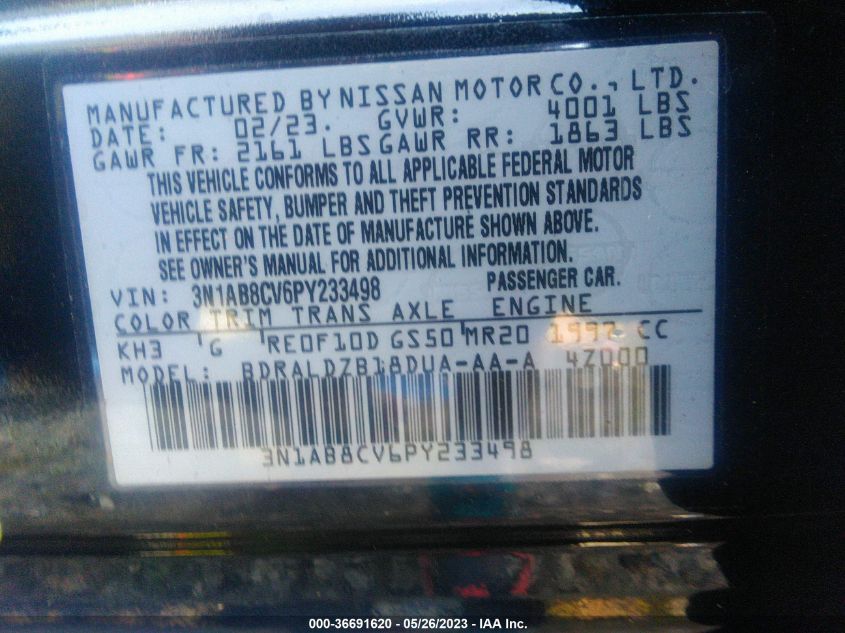 2023 NISSAN SENTRA SV - 3N1AB8CV6PY233498