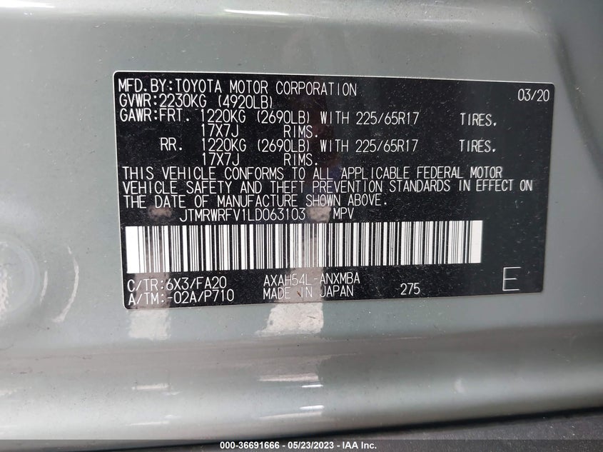 VIN JTMRWRFV1LD063103 2020 TOYOTA RAV4 HYBRID XLE