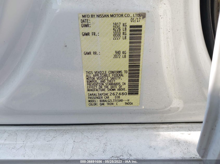 VIN 1N4AL3AP1HC267480 2017 NISSAN ALTIMA 2.5 S