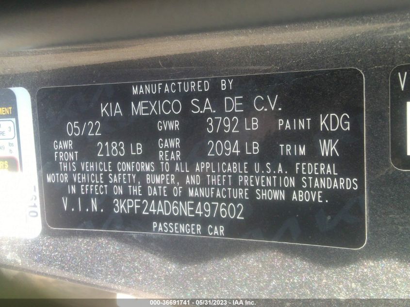 2022 KIA FORTE LXS - 3KPF24AD6NE497602