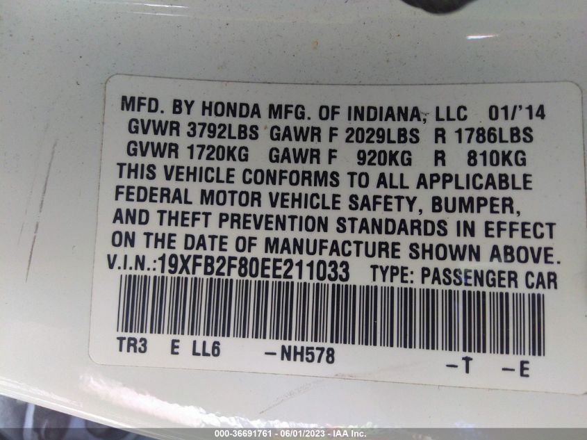 2014 HONDA CIVIC SEDAN EX - 19XFB2F80EE211033