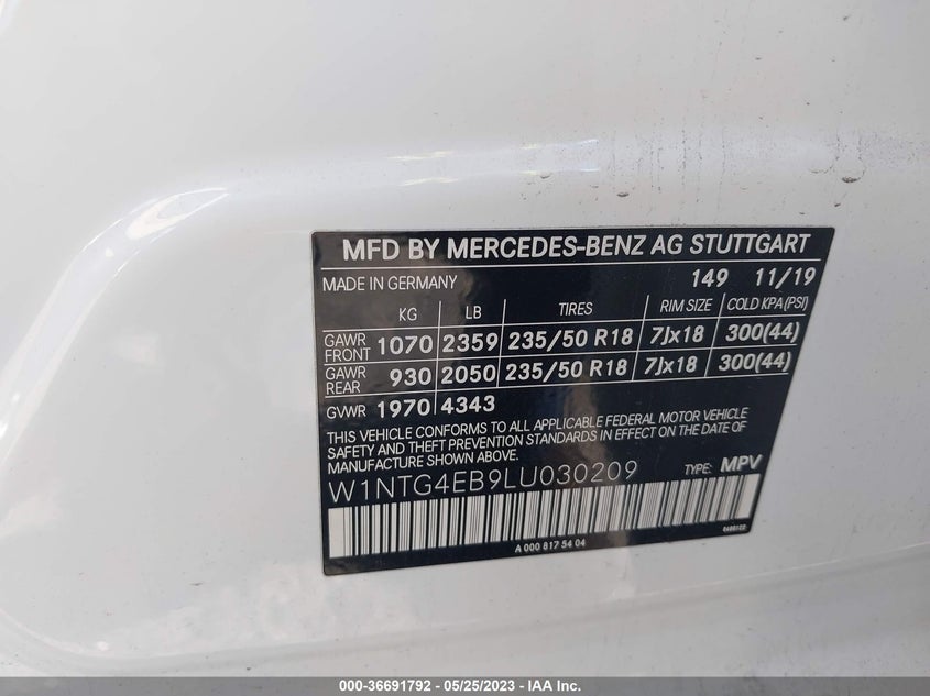 VIN W1NTG4EB9LU030209 2020 MERCEDES-BENZ GLA GLA 250