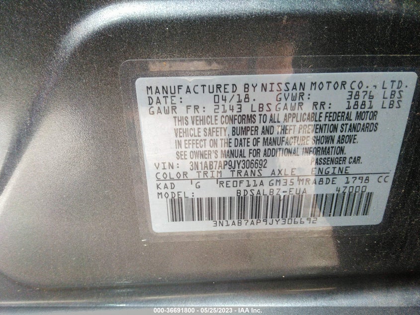 VIN 3N1AB7AP9JY306692 2018 NISSAN SENTRA S