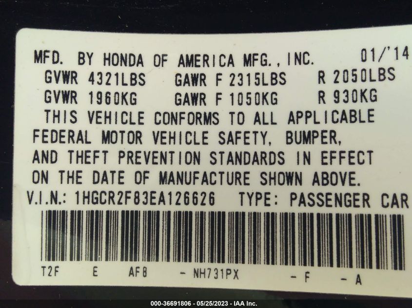 2014 HONDA ACCORD EX-L - 1HGCR2F83EA126626