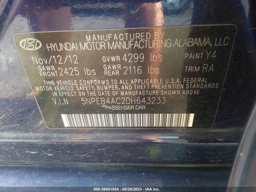 2013 HYUNDAI SONATA GLS - 5NPEB4AC2DH643233