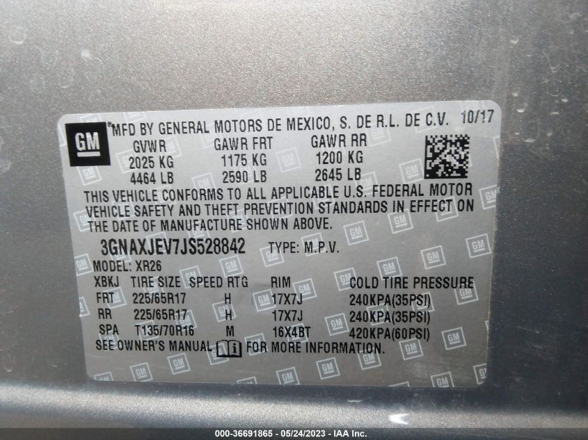 2018 CHEVROLET EQUINOX LT - 3GNAXJEV7JS528842