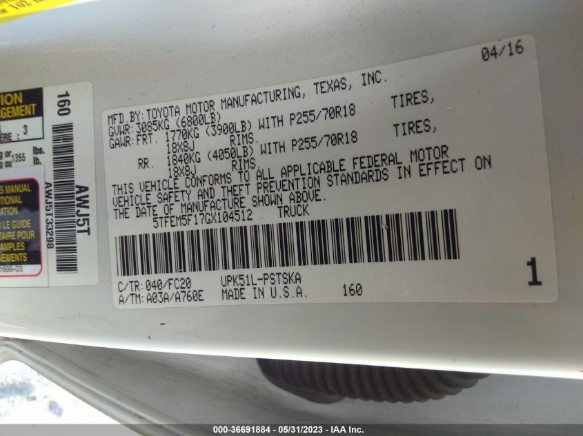 2016 TOYOTA TUNDRA 2WD TRUCK SR5 - 5TFEM5F17GX104512