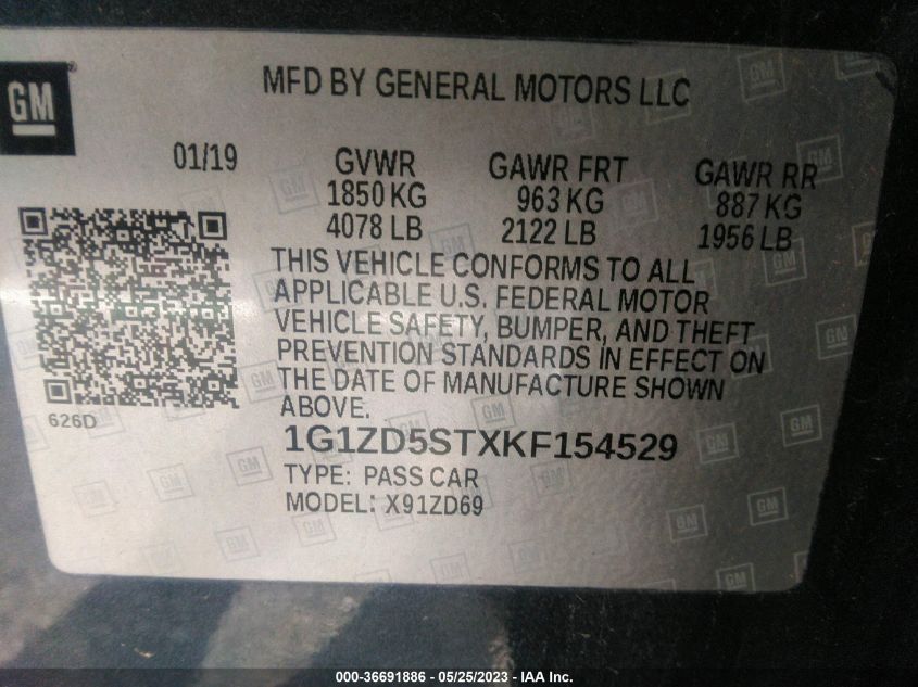 2019 CHEVROLET MALIBU LT - 1G1ZD5STXKF154529