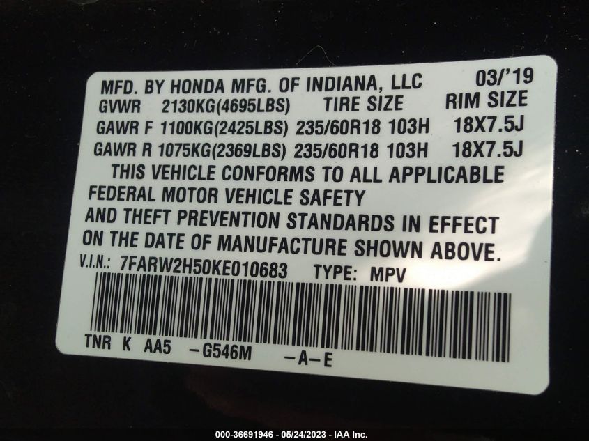2019 HONDA CR-V EX - 7FARW2H50KE010683