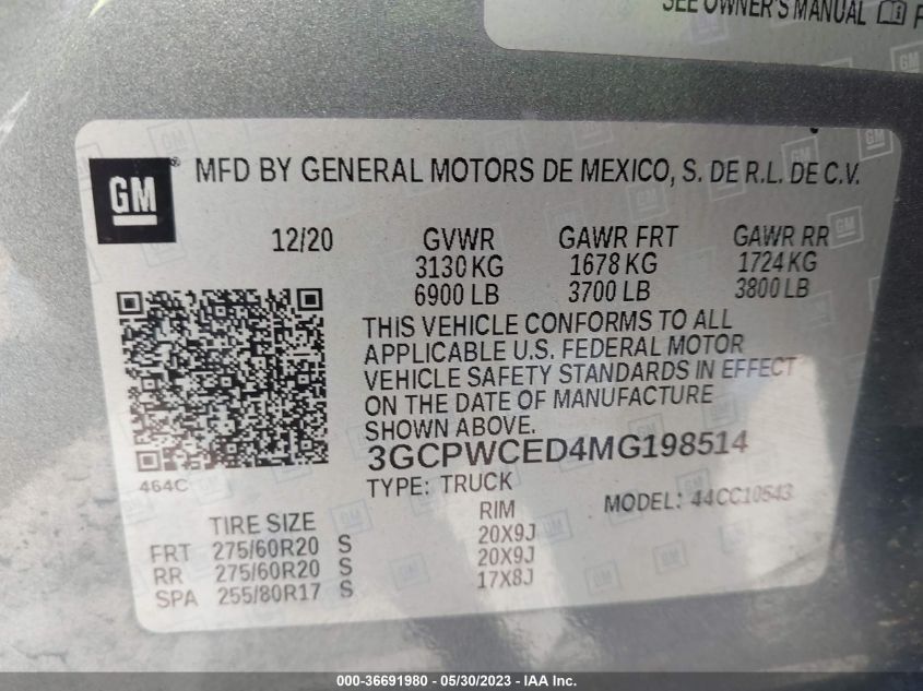 2021 CHEVROLET SILVERADO 1500 LT - 3GCPWCED4MG198514