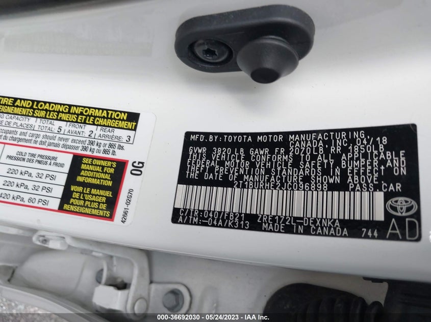 VIN 2T1BURHE2JC096898 2018 TOYOTA COROLLA L/LE/XLE/SE/XSE