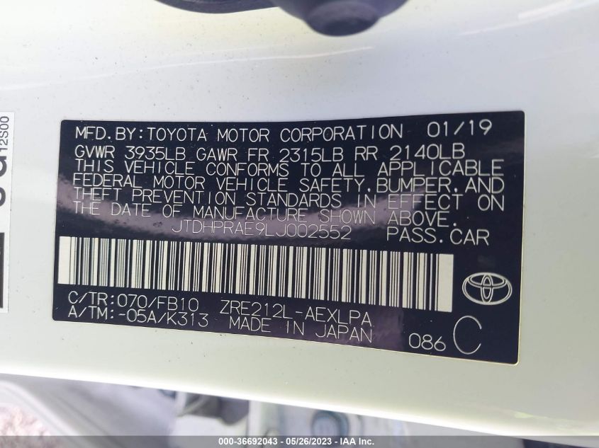2020 TOYOTA COROLLA LE - JTDHPRAE9LJ002552
