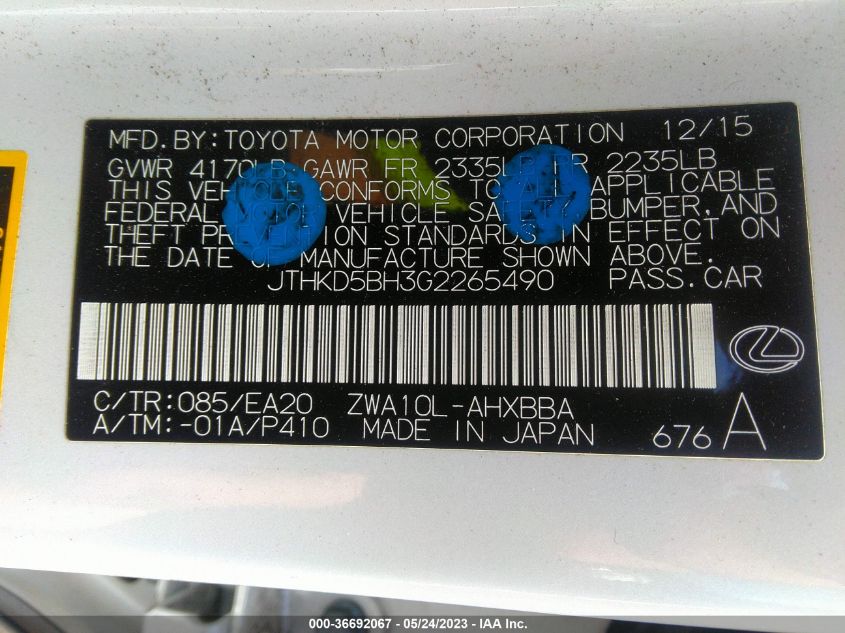 2016 LEXUS CT 200H HYBRID - JTHKD5BH3G2265490