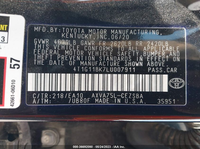 2020 TOYOTA CAMRY SE - 4T1G11BK7LU007911