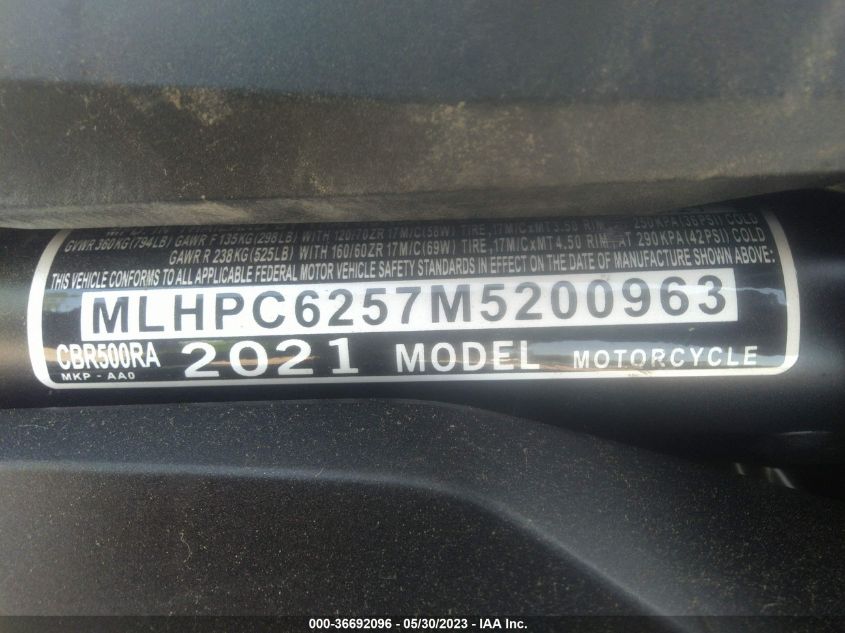 2021 HONDA CBR500 RA - MLHPC6257M5200963