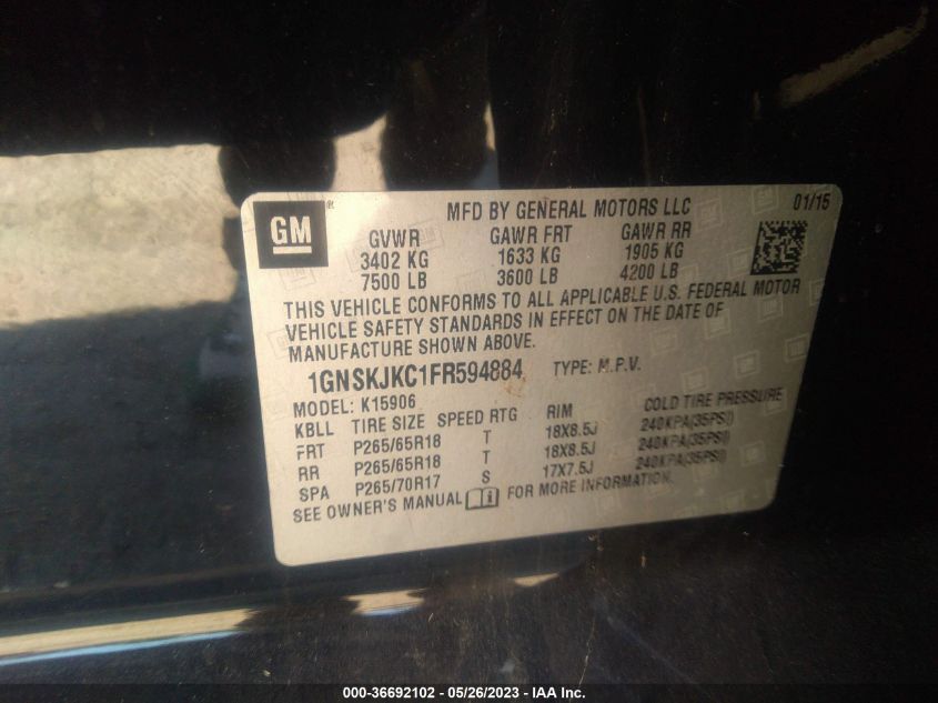 2015 CHEVROLET SUBURBAN LT - 1GNSKJKC1FR594884