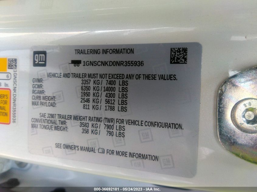 2022 CHEVROLET TAHOE LT - 1GNSCNKD0NR355936