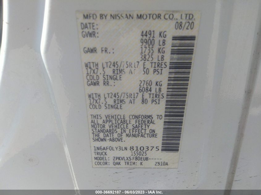 2020 NISSAN NV CARGO SV - 1N6AF0LY3LN810375
