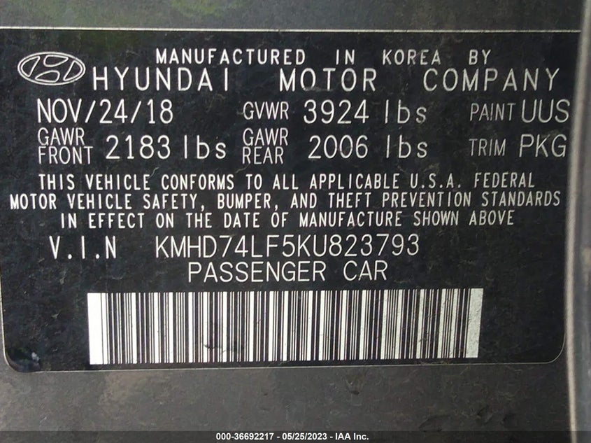 Auction sale of the 2019 HYUNDAI ELANTRA , vin: KMHD74LF5KU823793, lot number: 36692217